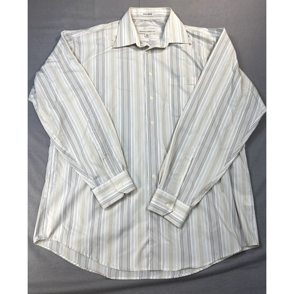 Pronto Uomo Shirt XLT Mens White Tan Brown Striped Non Iron Cotton